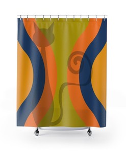 Retro 70's Atomic Cat Silhouette Shower Curtain in Mid Century Modern Style