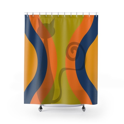 Retro 70's Atomic Cat Silhouette Shower Curtain in Mid Century Modern Style
