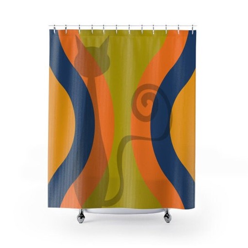 Retro 70's Atomic Cat Silhouette Shower Curtain in Mid Century Modern Style - Image 3
