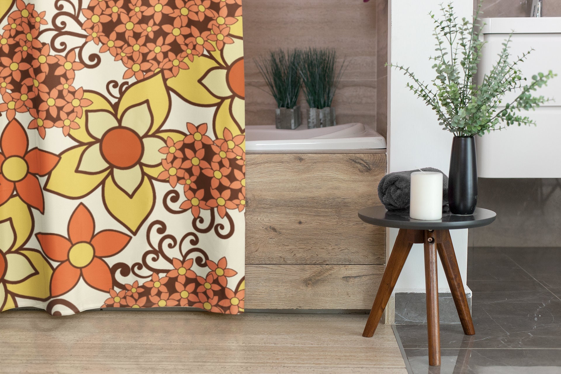 Retro 70s Flower Shower Curtains, Vintage Bathroom Decor, Unique Tub Accessory