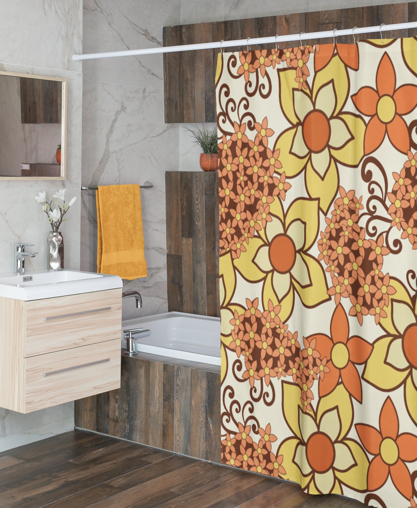 Retro 70s Flower Shower Curtains, Vintage Bathroom Decor, Unique Tub Accessory - Image 2