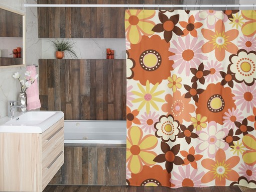 Retro 70's Flowers Inspired Shower Curtain with Vintage Charm Flower-Patterned Bathroom Accessory