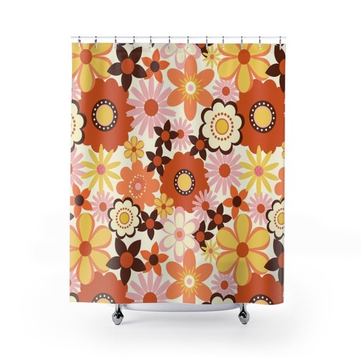 Retro 70's Flowers Inspired Shower Curtain with Vintage Charm Flower-Patterned Bathroom Accessory - Image 2