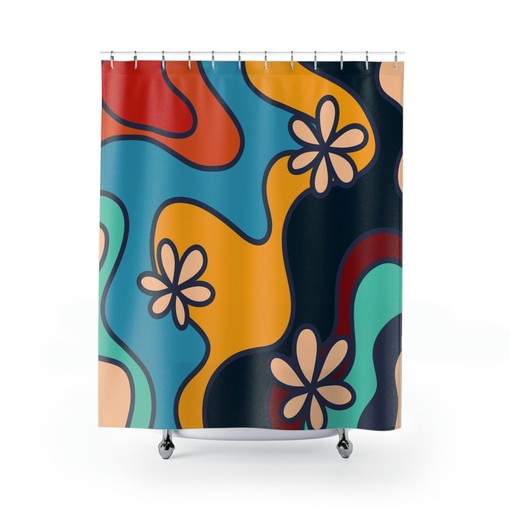 Retro 70's Groovy Shower Curtain with Vibrant Colors and Designs for Hippie Bathroom Accessory - Image 2