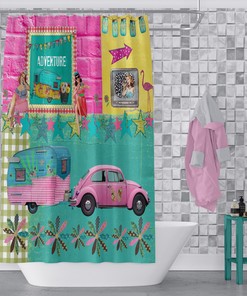 Retro Adventure Shower Curtain | Glamper Camper Theme Decor | Vintage Bath Curtain