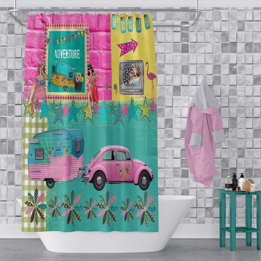 Retro Adventure Shower Curtain | Glamper Camper Theme Decor | Vintage Bath Curtain