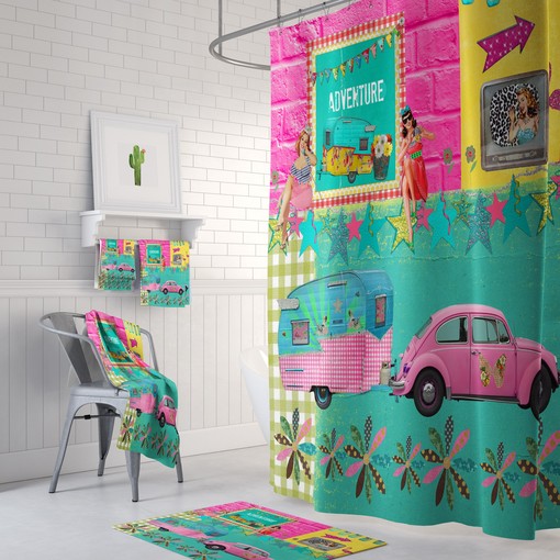 Retro Adventure Shower Curtain | Glamper Camper Theme Decor | Vintage Bath Curtain - Image 2