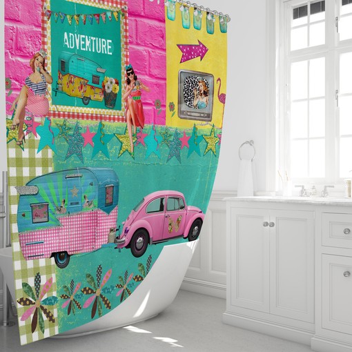 Retro Adventure Shower Curtain | Glamper Camper Theme Decor | Vintage Bath Curtain - Image 3