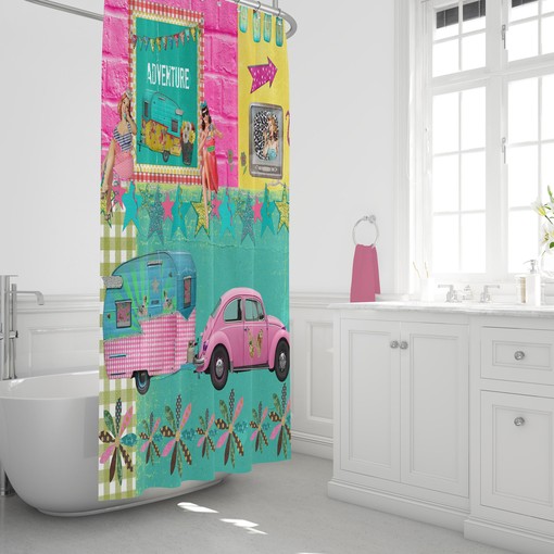 Retro Adventure Shower Curtain | Glamper Camper Theme Decor | Vintage Bath Curtain - Image 4