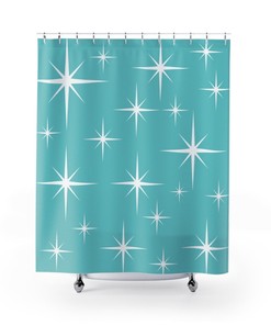 Retro Aqua Blue Shower Curtain with Diamonds and White Accents