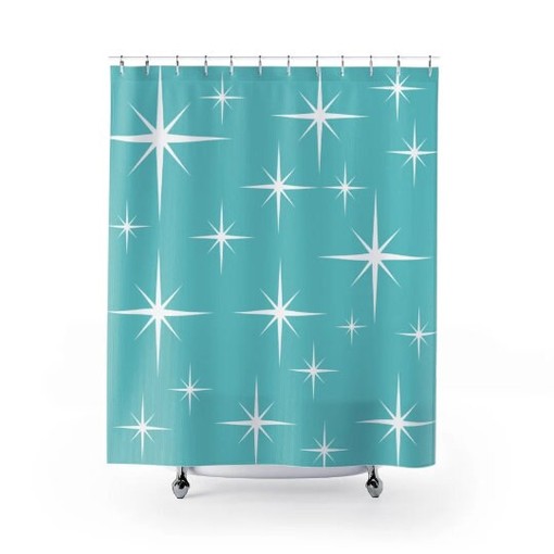 Retro Aqua Blue Shower Curtain with Diamonds and White Accents - Image 2