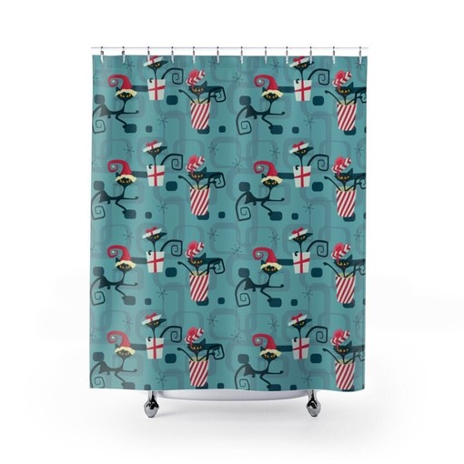 Retro Atomic Christmas Shower Curtain, Mid Century Modern Home Gift