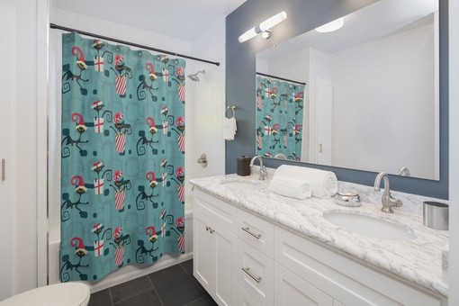 Retro Atomic Christmas Shower Curtain, Mid Century Modern Home Gift - Image 2