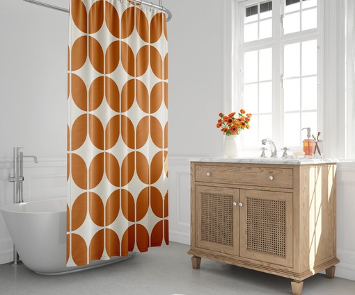 Retro Bath Decor Orange and Beige Minimalist Abstract Geometric Shower Curtain for the 1970s