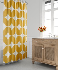 Retro Bath Decor Yellow and Beige Minimalist Abstract Geometric Shower Curtain for the 1970s