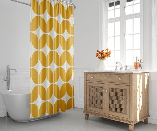 Retro Bath Decor Yellow and Beige Minimalist Abstract Geometric Shower Curtain for the 1970s