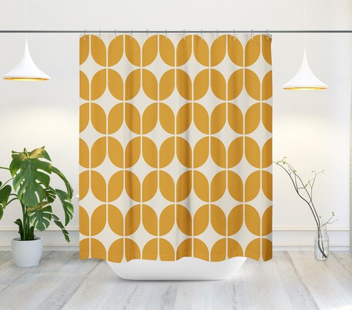 Retro Bath Decor Yellow and Beige Minimalist Abstract Geometric Shower Curtain for the 1970s - Image 2