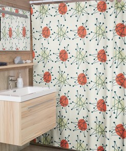 Retro Beige Mid Century Modern Shower Curtain, Atomic Stars Bathroom Decor for a Timeless Look