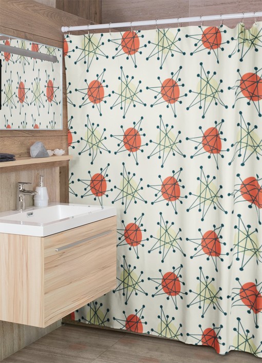 Retro Beige Mid Century Modern Shower Curtain, Atomic Stars Bathroom Decor for a Timeless Look