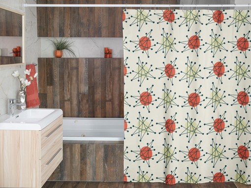 Retro Beige Mid Century Modern Shower Curtain, Atomic Stars Bathroom Decor for a Timeless Look - Image 2