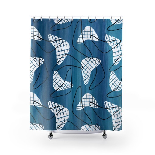 Retro Blue Boomarang Shower Curtain: Perfect for Your Vintage Design MCM Bathroom