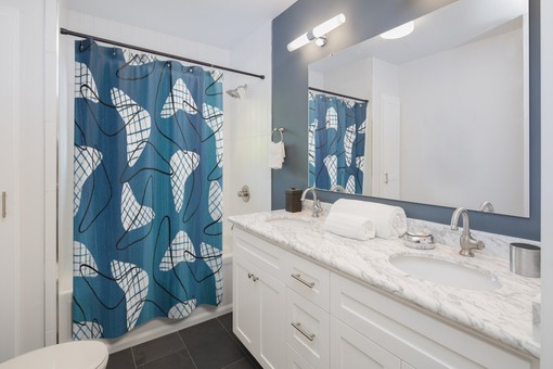 Retro Blue Boomarang Shower Curtain: Perfect for Your Vintage Design MCM Bathroom - Image 2