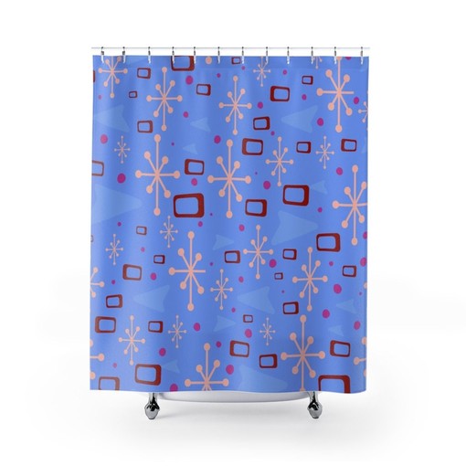 Retro Blue Mid Century Modern Inspired Shower Curtain - Simple Way to Update Your Bathroom Decor - Image 2