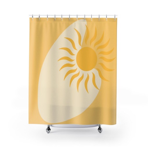 Retro Bohemian Boomerang Yellow Sun Mid Mod MCM Shower Curtain for a Bohemian Inspired Bathroom