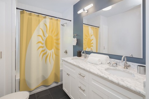 Retro Bohemian Boomerang Yellow Sun Mid Mod MCM Shower Curtain for a Bohemian Inspired Bathroom - Image 2