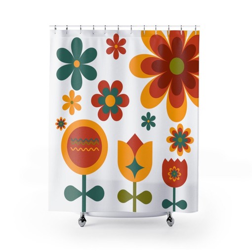 Retro Boho Floral Mid Mod Flower Shower Curtain for a Bohemian Bathroom