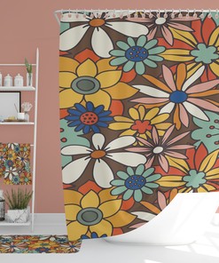 Retro Boho Flowers Bathroom Set, Waffle Weave Curtain, Soft Towels, and Mat for Vintage Charm