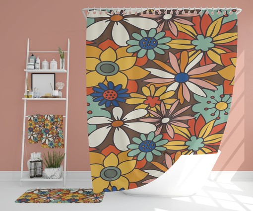 Retro Boho Flowers Bathroom Set, Waffle Weave Curtain, Soft Towels, and Mat for Vintage Charm