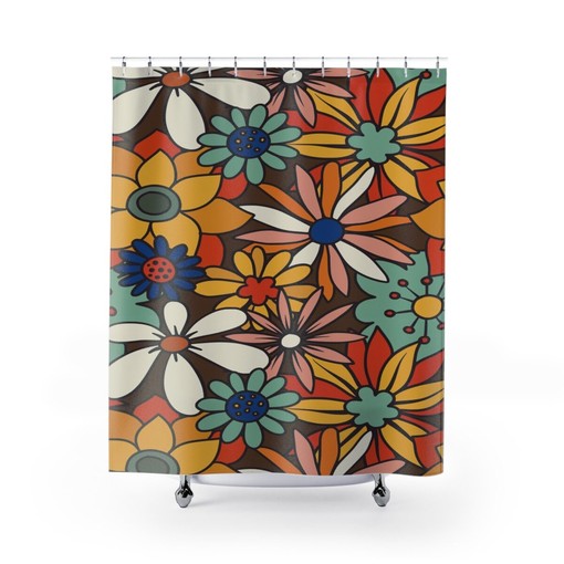 Retro Boho Flowers Bathroom Set, Waffle Weave Curtain, Soft Towels, and Mat for Vintage Charm - Image 2
