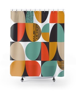 Retro Boho MCM Geometric Shower Curtain in Orange and Teal
