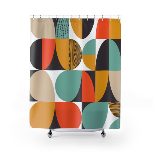 Retro Boho MCM Geometric Shower Curtain in Orange and Teal