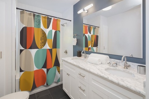 Retro Boho MCM Geometric Shower Curtain in Orange and Teal - Image 2