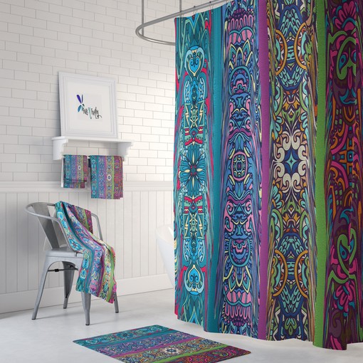 Retro Boho Shower Curtain | Abstract Fabric Bath Decor | Vintage Bathroom