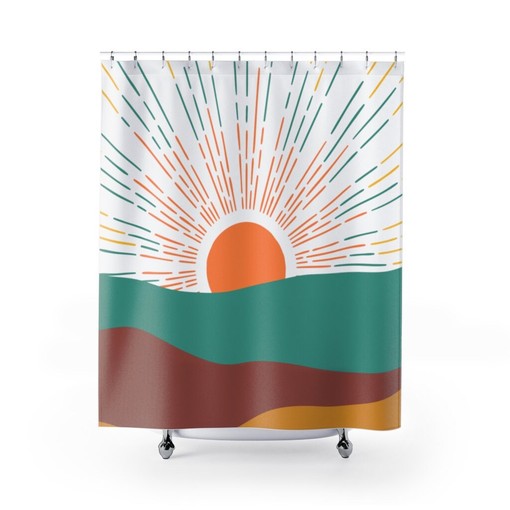 Retro Boho Sun Groovy Wave Shower Curtain in Orange, Yellow, and Teal