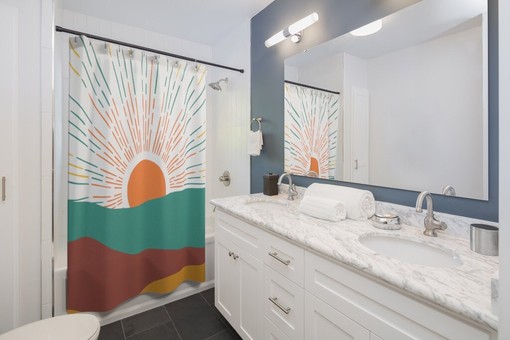Retro Boho Sun Groovy Wave Shower Curtain in Orange, Yellow, and Teal - Image 2