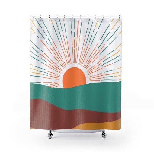 Retro Boho Sun Groovy Wave Shower Curtain in Orange, Yellow, and Teal - Image 3