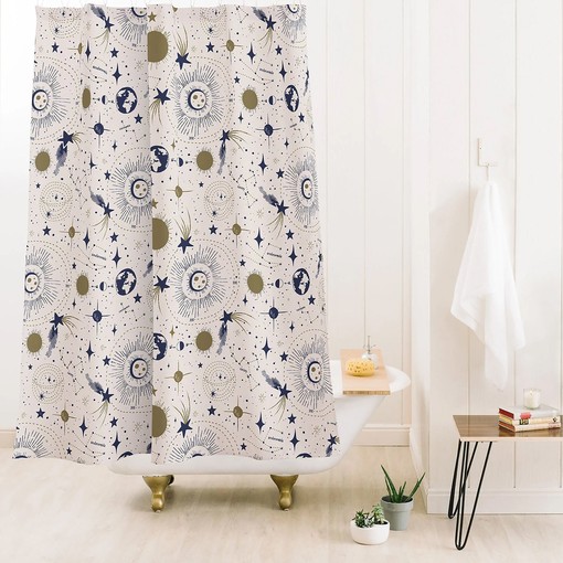 Retro Celestial Shower Curtain | Outer Space Stars Bath Curtain | Vintage Bathroom Shower Curtains