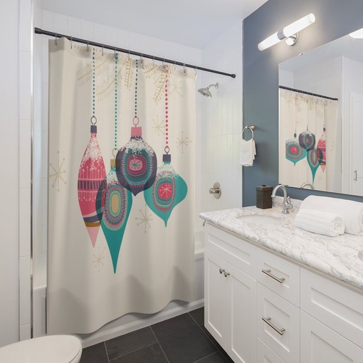 Retro Christmas Shower Curtain, Mid Century Modern Bathroom Accessories - Image 2