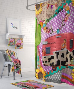 Retro Collage Shower Curtain | FolkNFunky Bathroom Decor | Vintage Bath Curtain