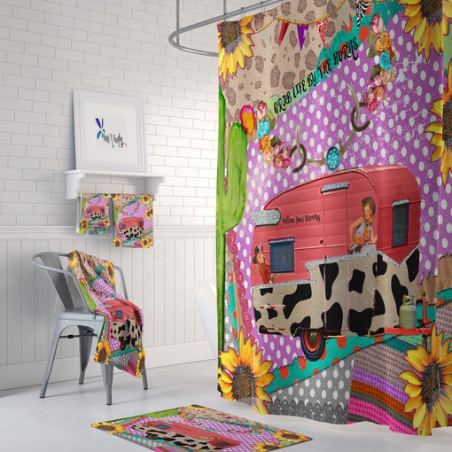 Retro Collage Shower Curtain | FolkNFunky Bathroom Decor | Vintage Bath Curtain