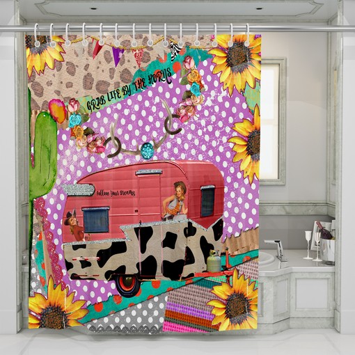 Retro Collage Shower Curtain | FolkNFunky Bathroom Decor | Vintage Bath Curtain - Image 2