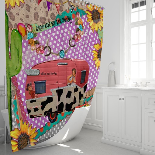 Retro Collage Shower Curtain | FolkNFunky Bathroom Decor | Vintage Bath Curtain - Image 3