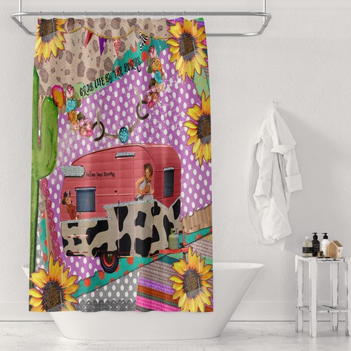 Retro Collage Shower Curtain | FolkNFunky Bathroom Decor | Vintage Bath Curtain - Image 4