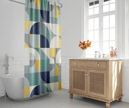 Retro Color Block Geometric Abstract Mid Century Modern Bath Curtain for a Unique Look