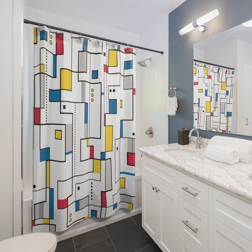 Retro Cubism 1960s Bathroom Shower Curtain, Mid-century Modern Decor Accessories - Image 2