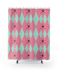 Retro Diamond Harlequin Design 50's Mint Green and Hot Pink Mid Century Modern Shower Curtain